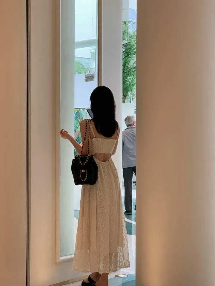💕ihs系溫柔蕾絲性感露背鬆緊系帶收腰吊帶長裙