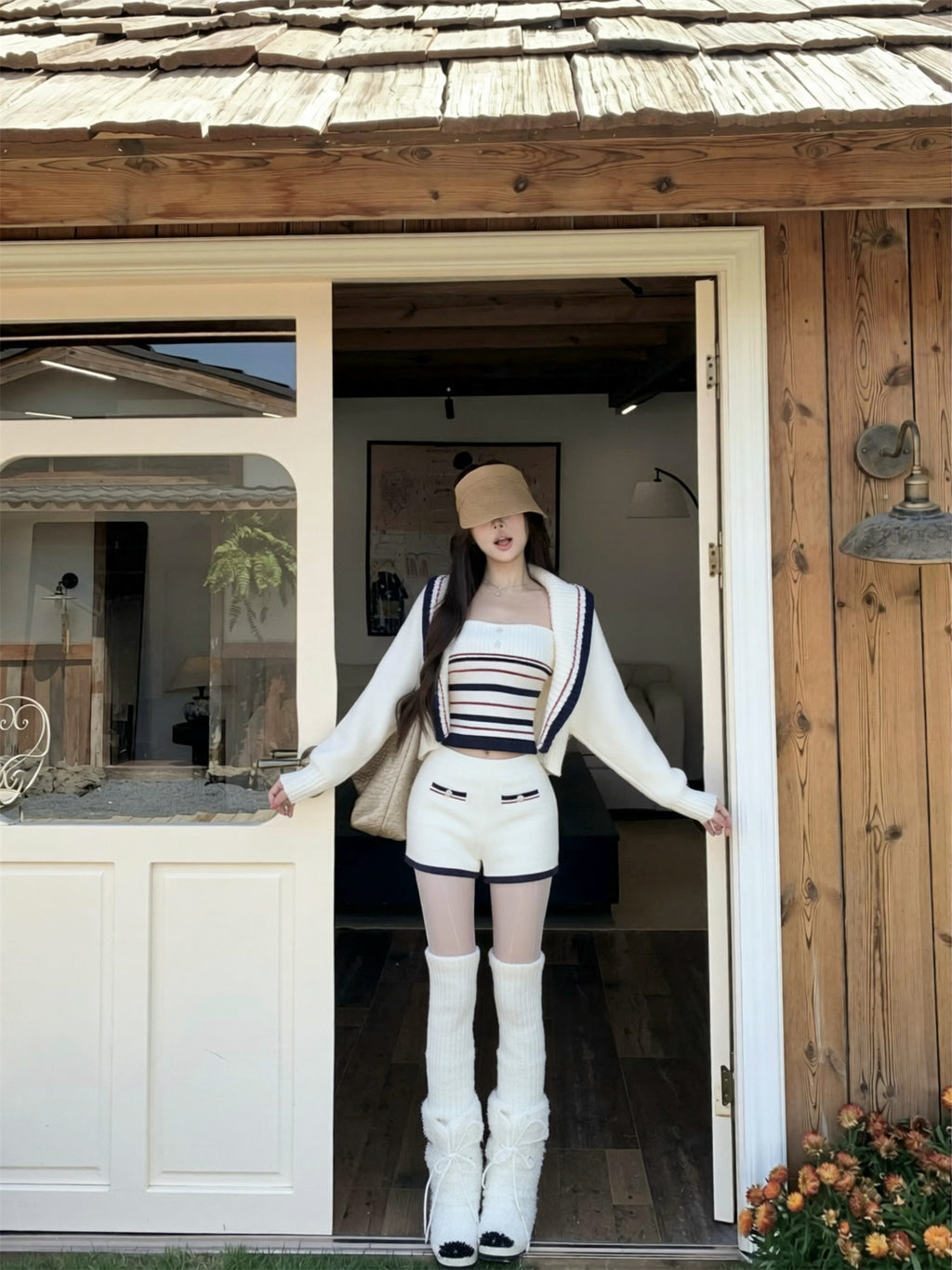 💕休閒慵懶條紋大翻領針織背心三件套