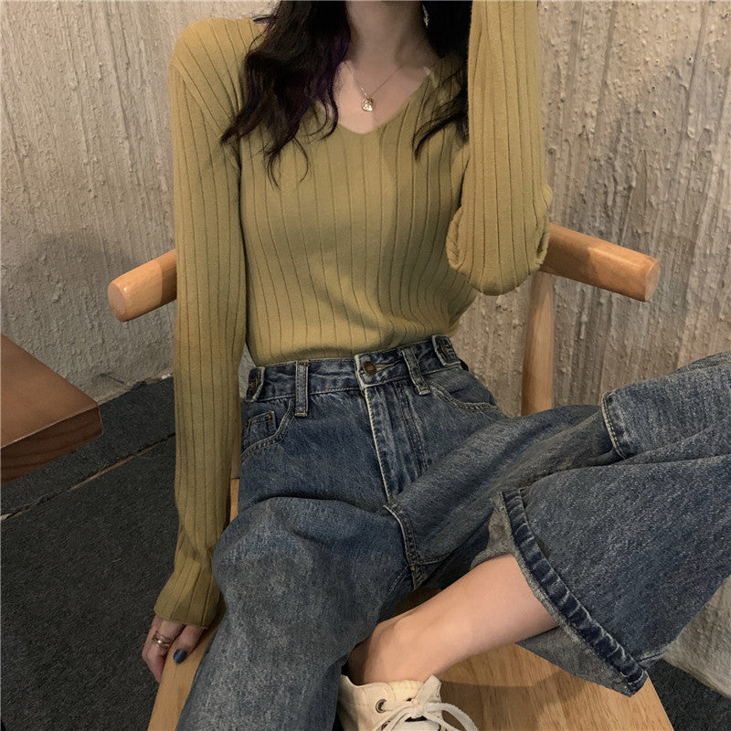 💕簡約百搭通勤V領針織打底修身顯瘦上衣