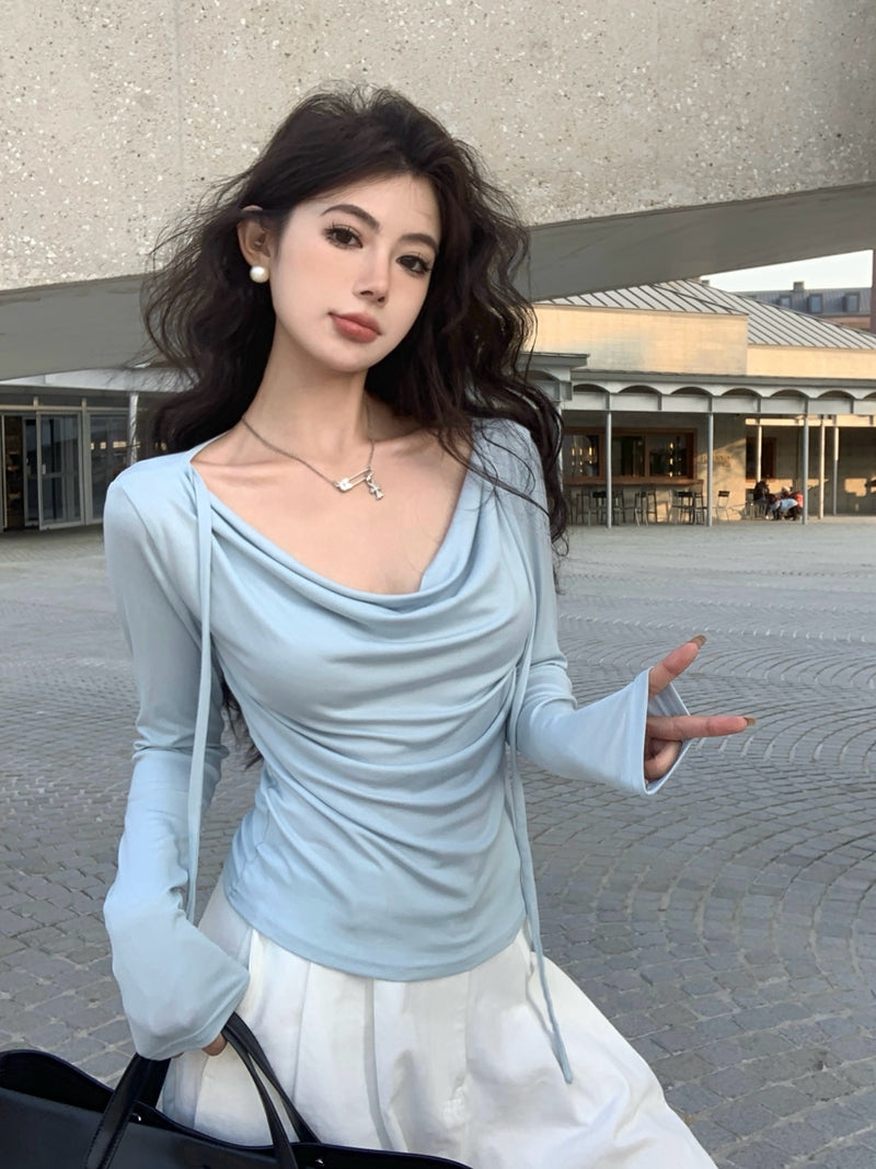 💕春夏甜美溫柔舒適盪領飄帶長袖上衣