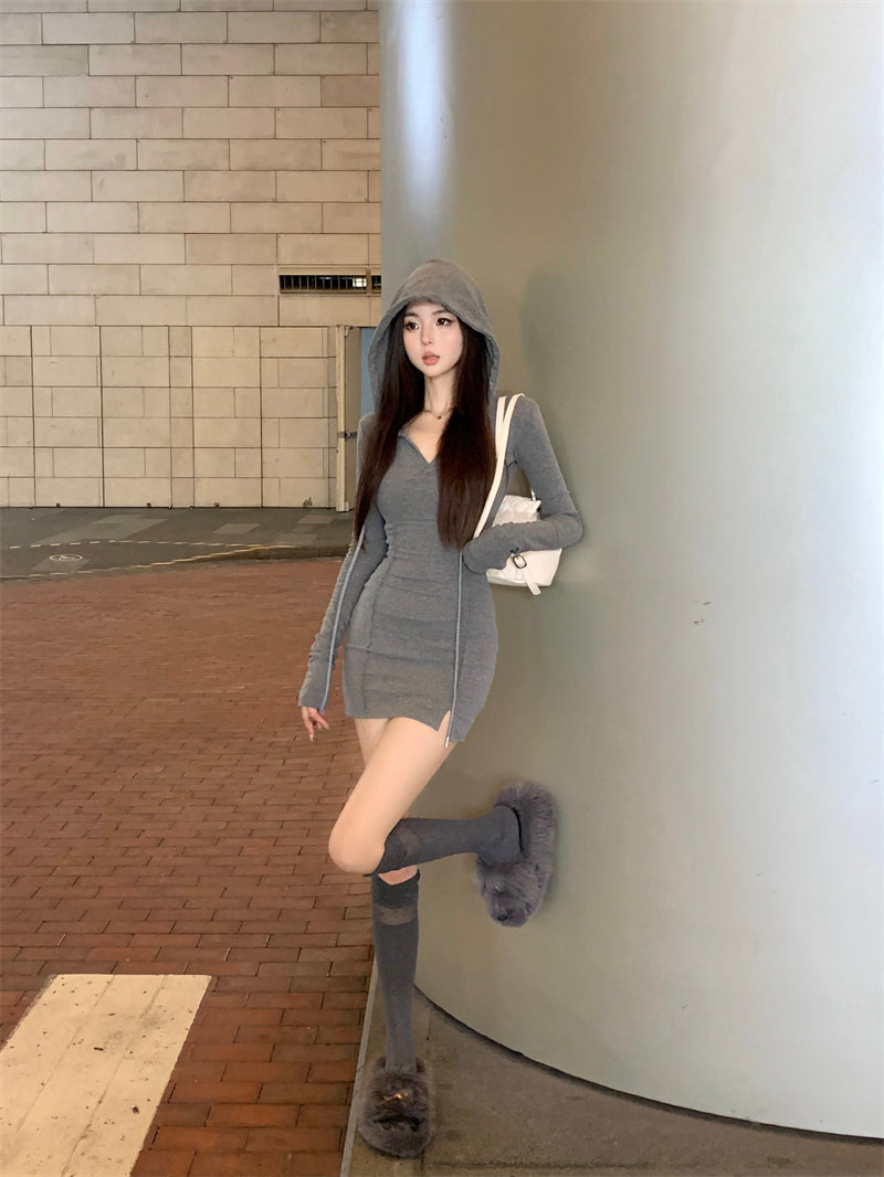 💕秋款連帽長袖收腰緊身包臀裙