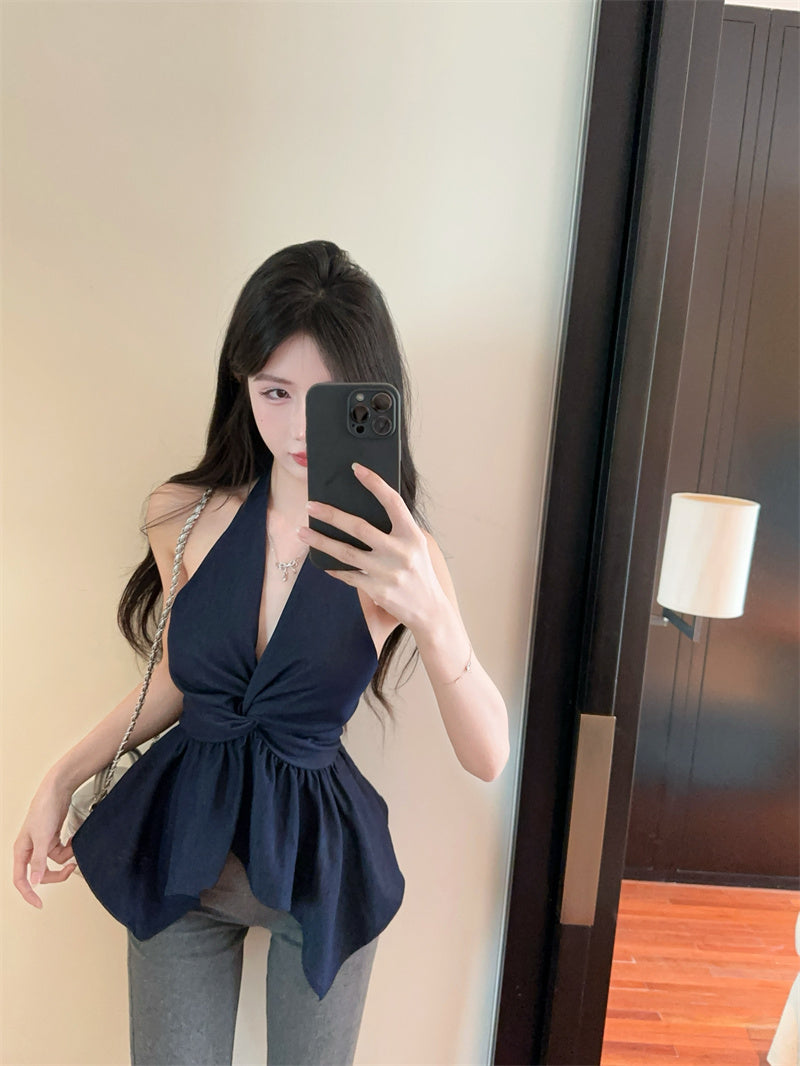 💕氣質深V牛仔掛脖露背顯瘦抹胸背心