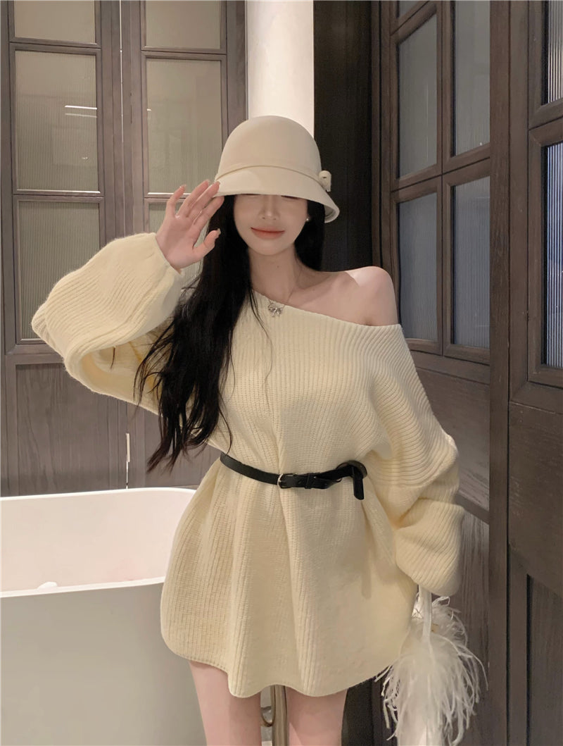 💕氣質甜美露肩針織寬鬆配腰帶連衣裙