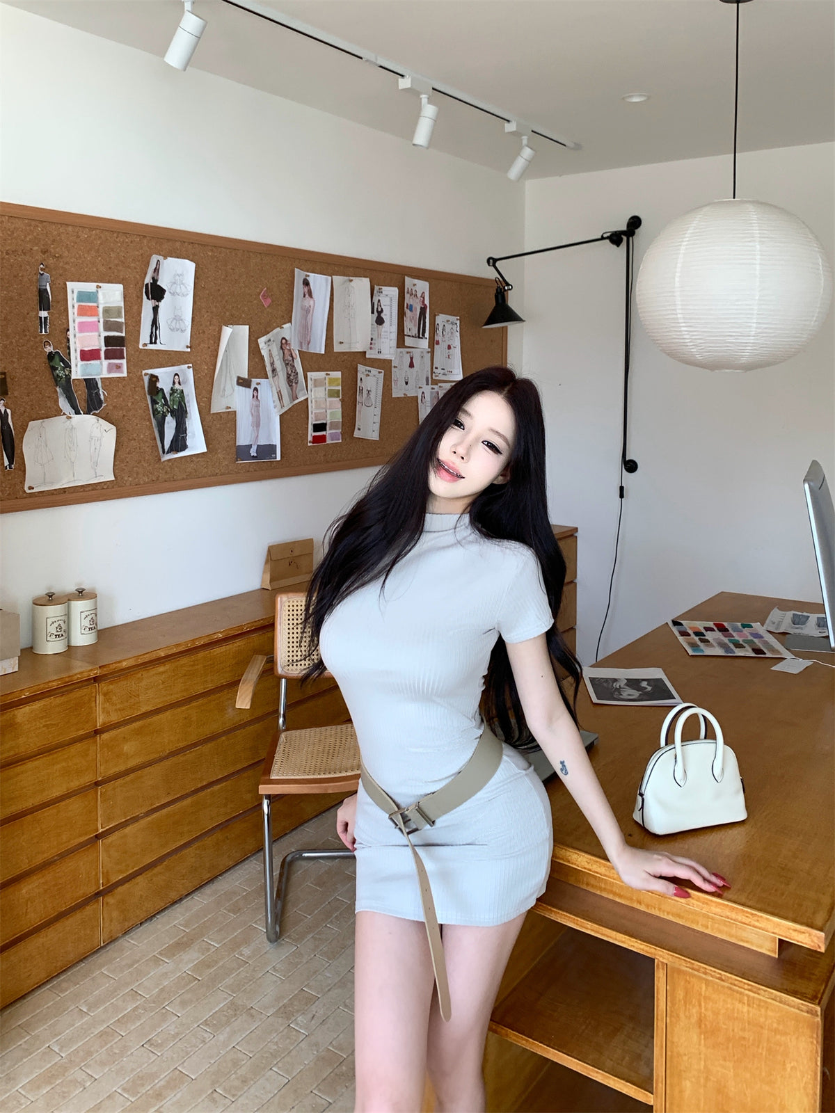 💕韓系法式高級感半高領短袖連衣裙