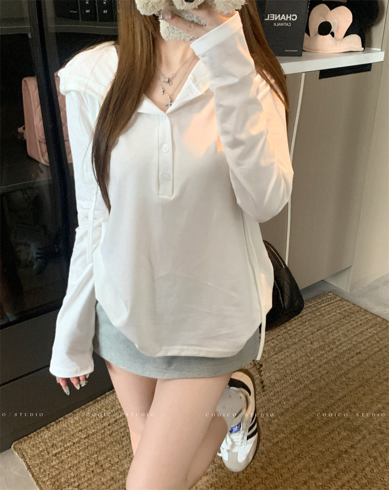 💕早秋鬆弛感鈕扣連帽長袖上衣