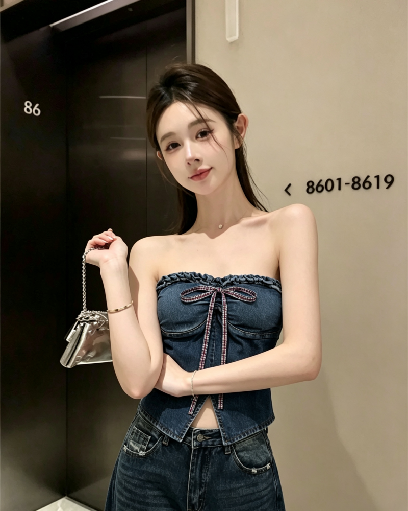 💕不規則蝴蝶結牛仔一字肩抹胸上衣