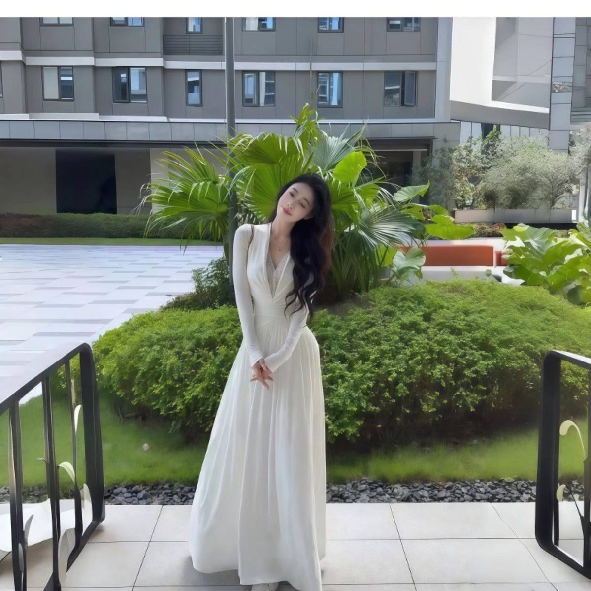 💕純欲深V氣質宴會蕾絲約會白色連衣裙