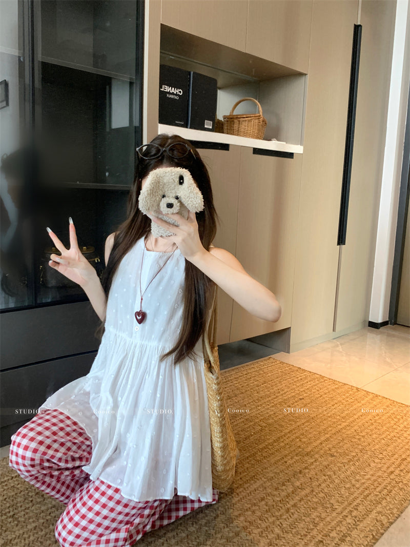 💕溫柔無袖印花蓬蓬背心襯衫