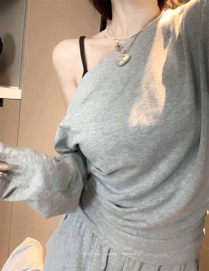 💕純御高彈斜肩長袖闊腿休閒褲套裝