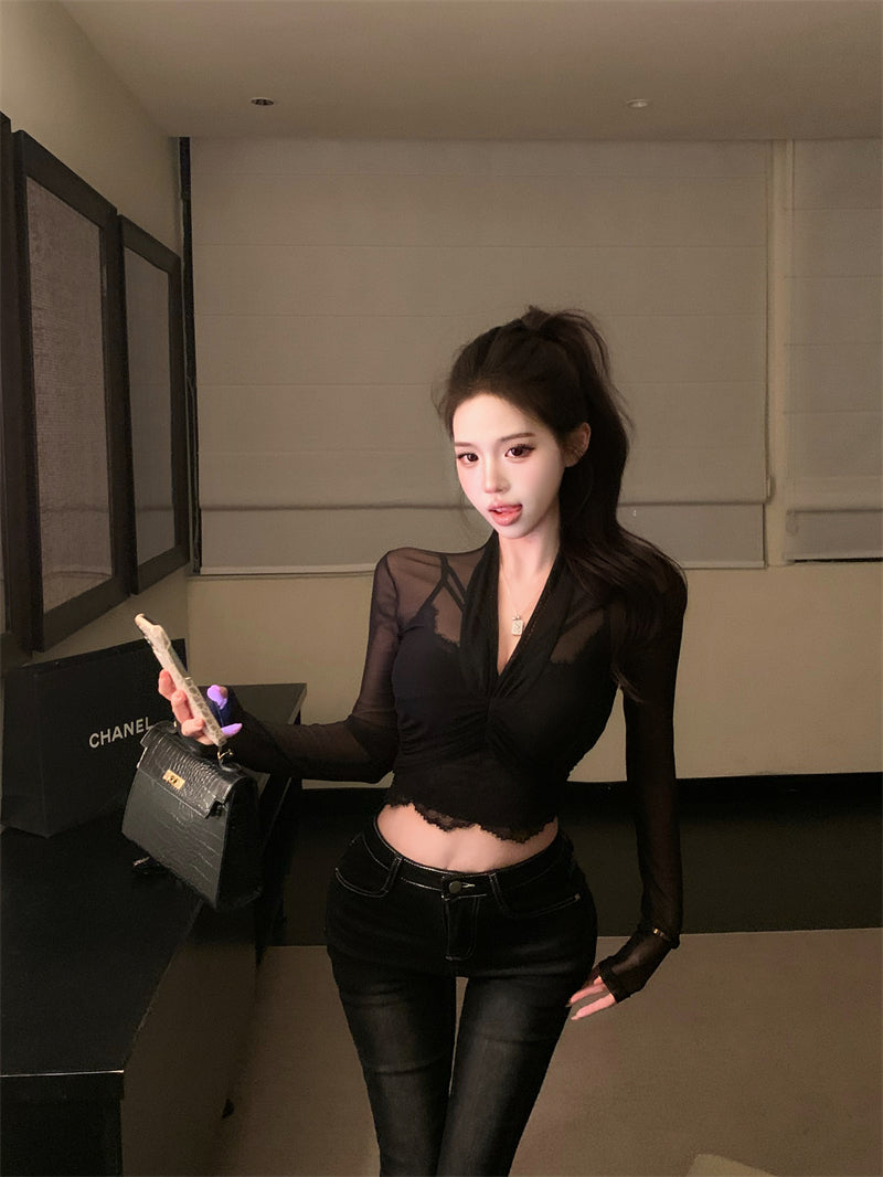 💕性感微透網紗長袖V領蕾絲吊帶內搭上衣兩件套