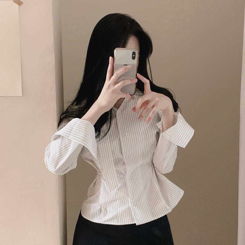💕韓系小眾V領飄帶收腰百搭條紋上衣