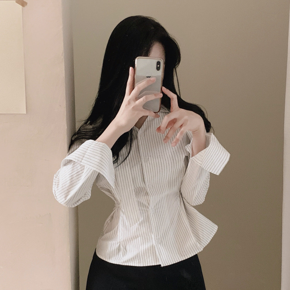 💕韓系小眾V領飄帶收腰百搭條紋上衣