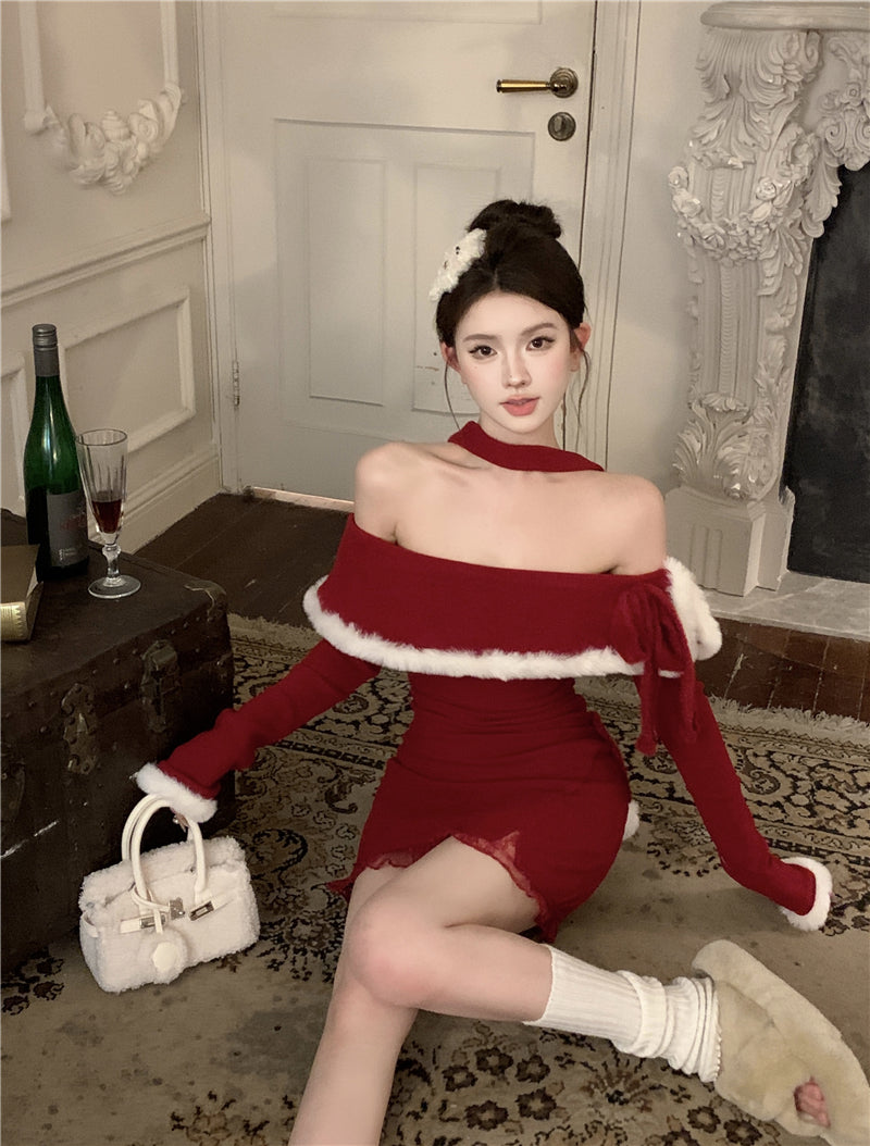 💕法式秋冬聖誕氣息掛脖毛邊包臀短裙