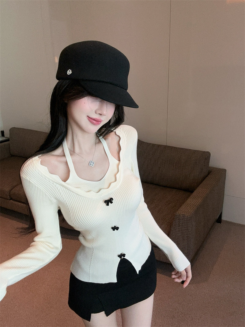 💕別緻掛脖假兩件針織修身上衣