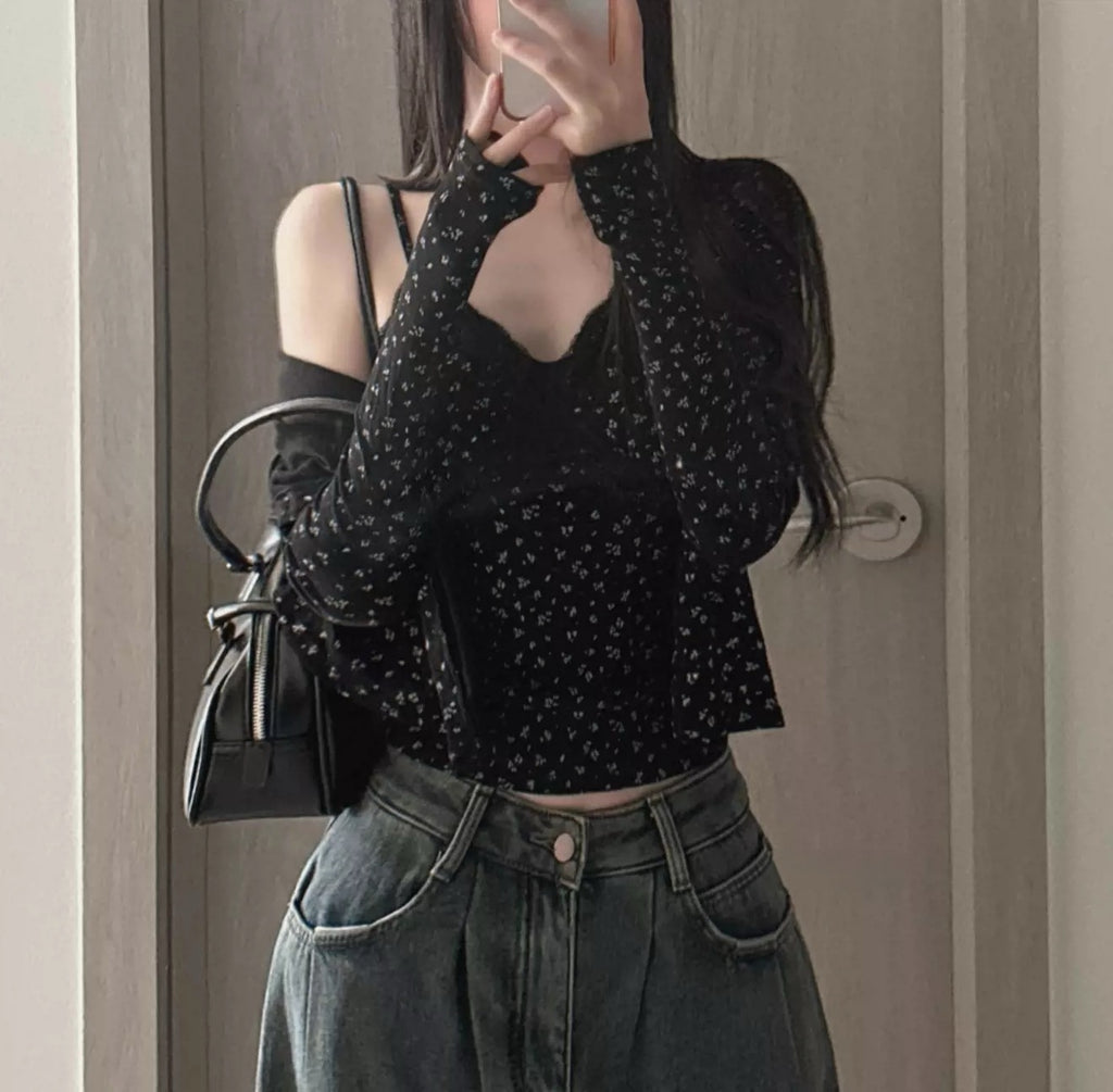 💕溫柔清純碎花蕾絲拼接吊帶上衣