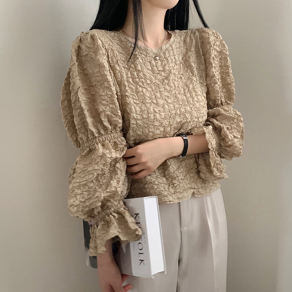 💕溫柔chic韓系泡泡皺褶圓領燈籠袖襯衫