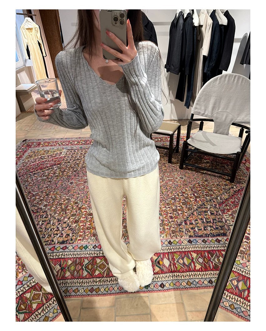 💕簡約百搭通勤V領針織打底修身顯瘦上衣