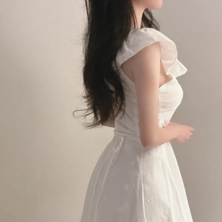 💕chic收腰顯瘦蝴蝶結系繩連衣裙