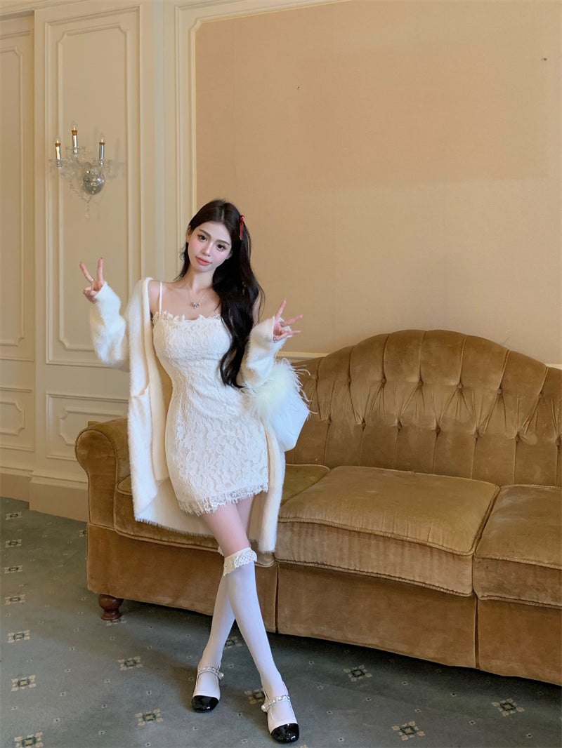 💕溫柔秋冬慵懶風修身蕾絲吊帶裙開衫兩件套