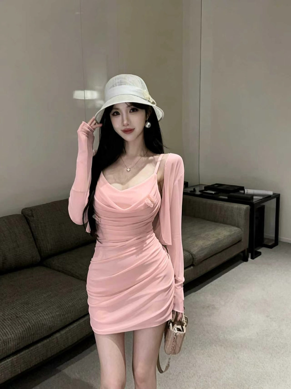 💕甜美性感褶皺修身吊帶連衣裙+開衫