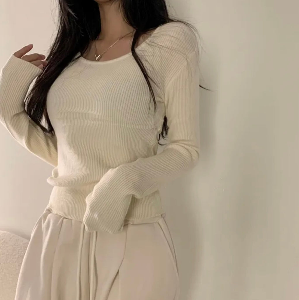 💕韓系chic長袖修身親膚針織打底百搭顯瘦上衣