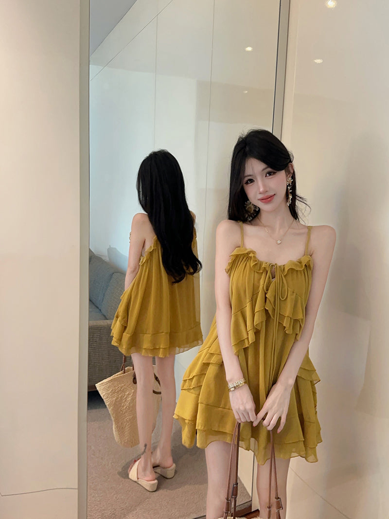 💕氣質重工吊帶荷葉邊不規則連衣裙