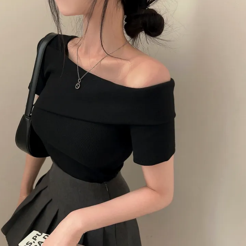 💕韓系chic修身氣質顯瘦斜肩上衣