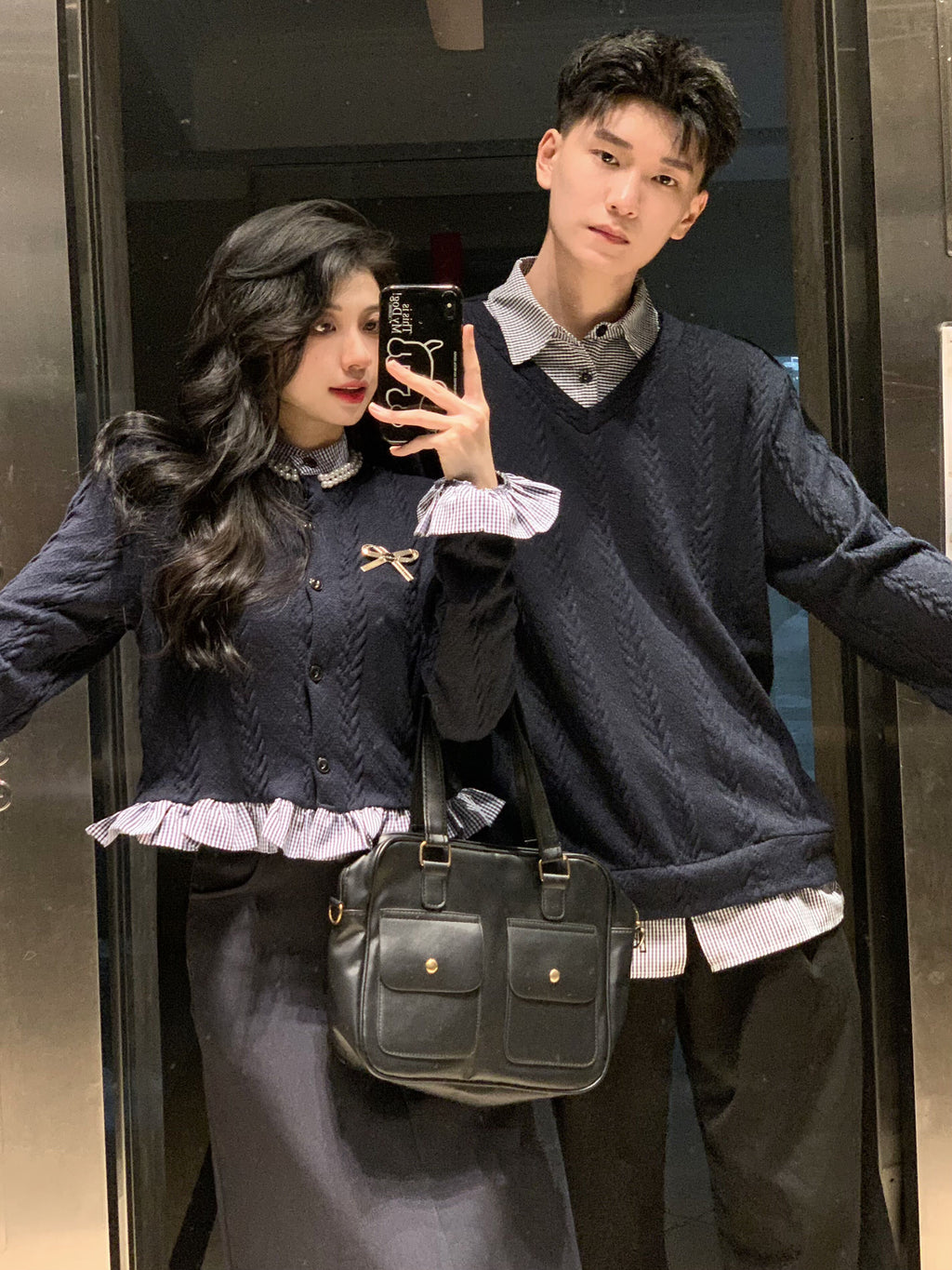 💕秋冬法式梨形長袖拼接假兩件情侶套裝