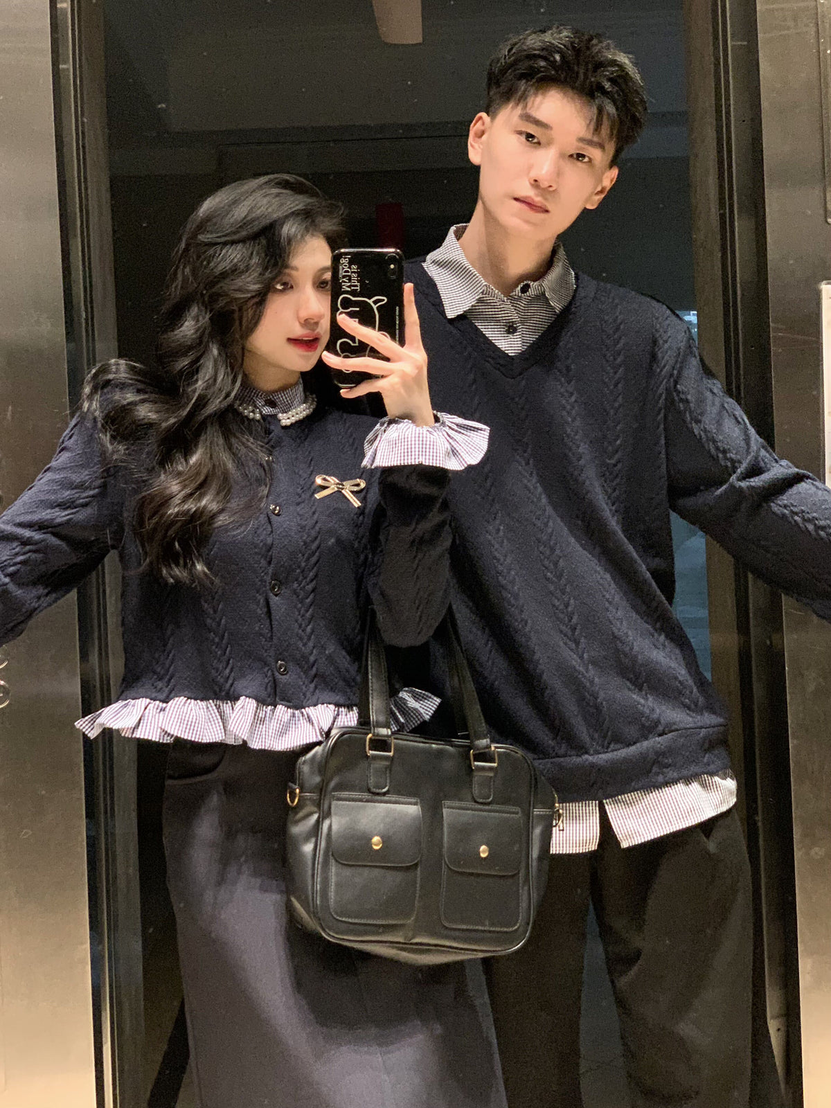 💕秋冬法式梨形長袖拼接假兩件情侶套裝