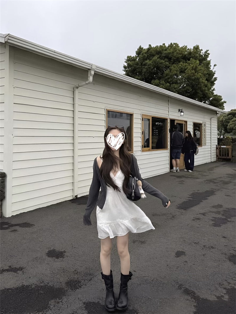 💕少女坑條理肌感針織開衫+蕾絲吊帶裙兩件套