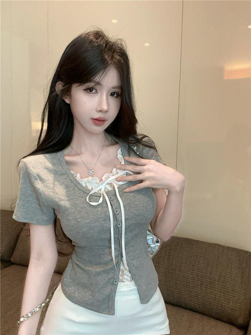 💕高級感假兩件短袖拼接蕾絲上衣