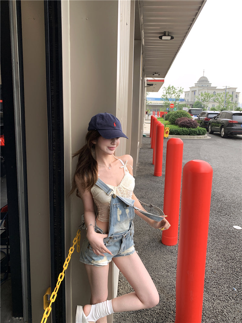 💕活潑俏皮百搭牛仔背帶短褲