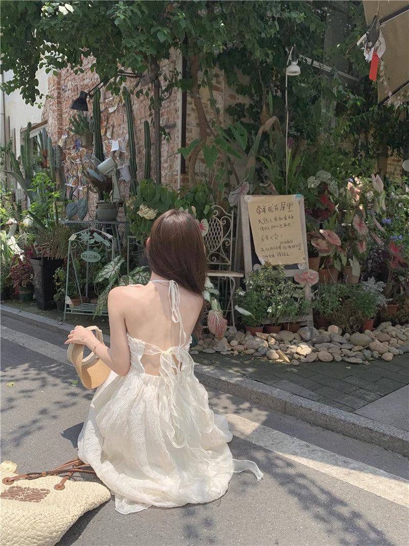 💕法式度假掛脖雪紡連衣長裙
