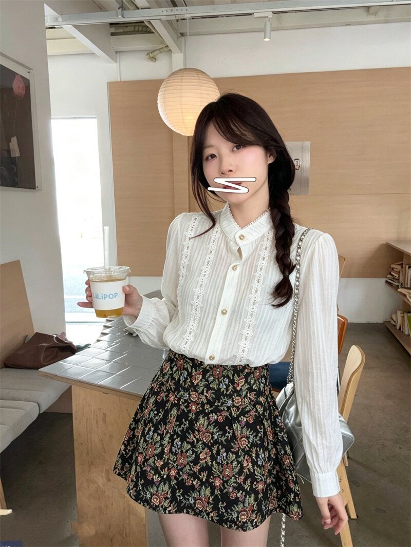 💕法式泡泡袖襯衫碎花半身裙小個子兩件套