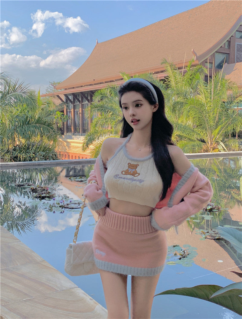 💕辣妹可愛小熊高腰印花拼接針織套裝