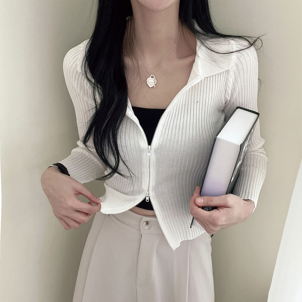 💕日系polo翻領雙拉鍊顯瘦長袖針織衫