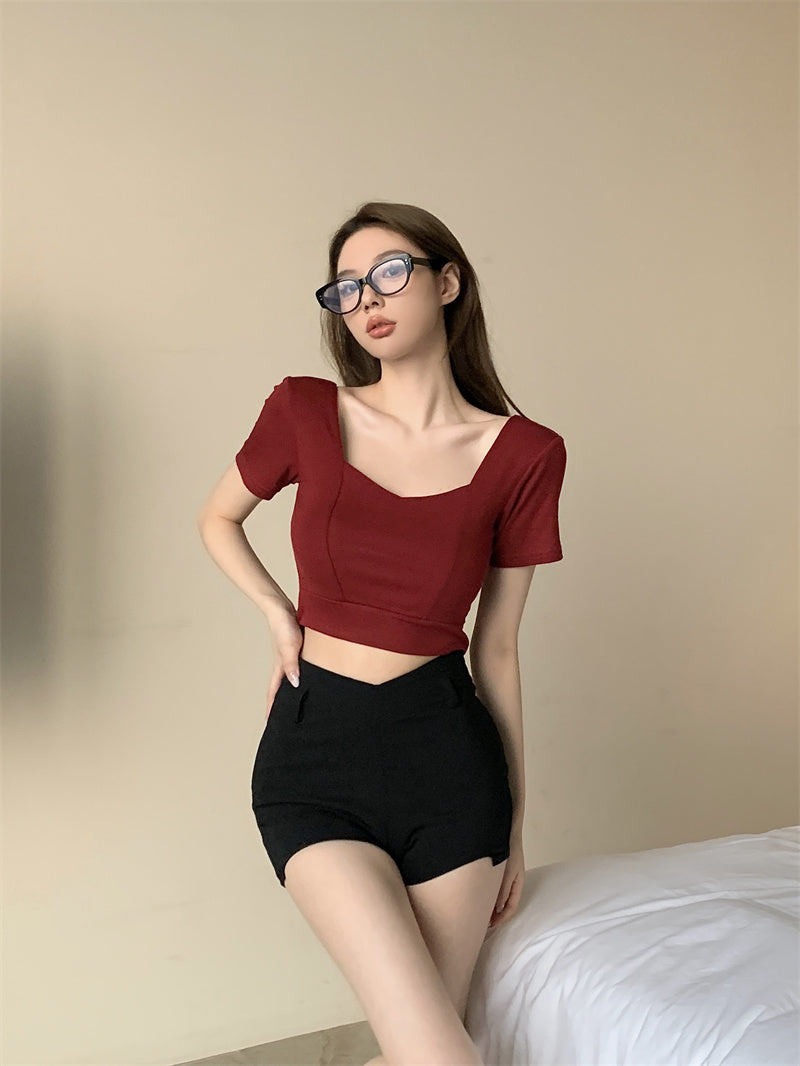 💕方領百搭露鎖骨顯瘦短版露臍上衣