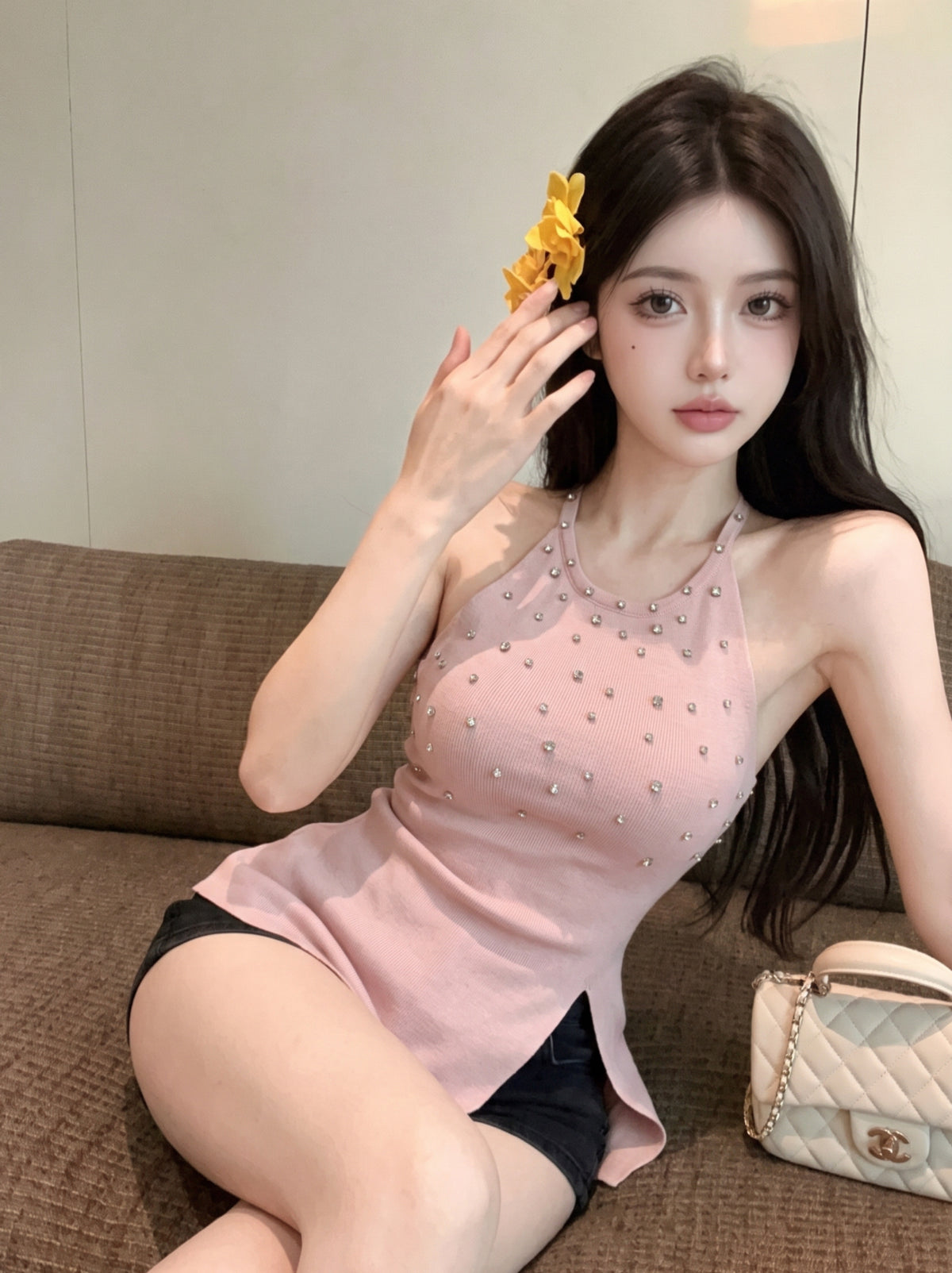 💕法式氣質重工鑲鑽掛脖針織無袖開衩收腰上衣