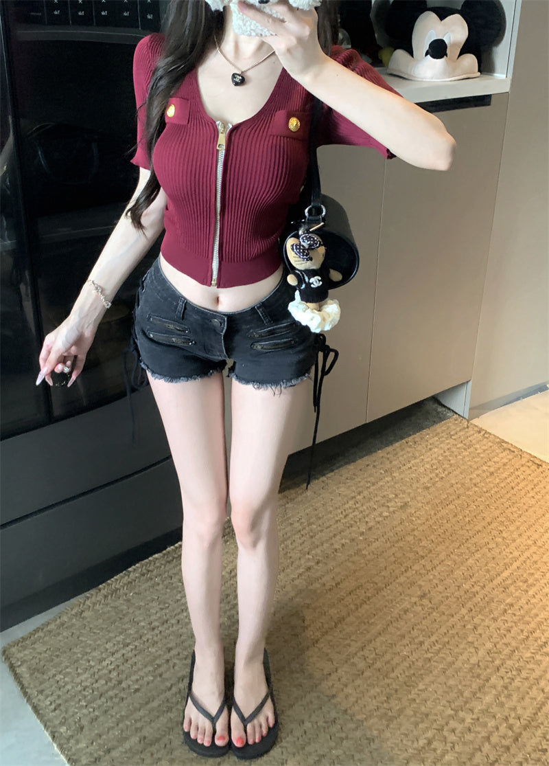 💕法式性感U領短袖拉鍊針織上衣