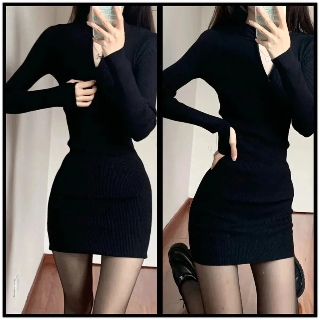 💕簡約百搭春秋翻領緊身包臀裙