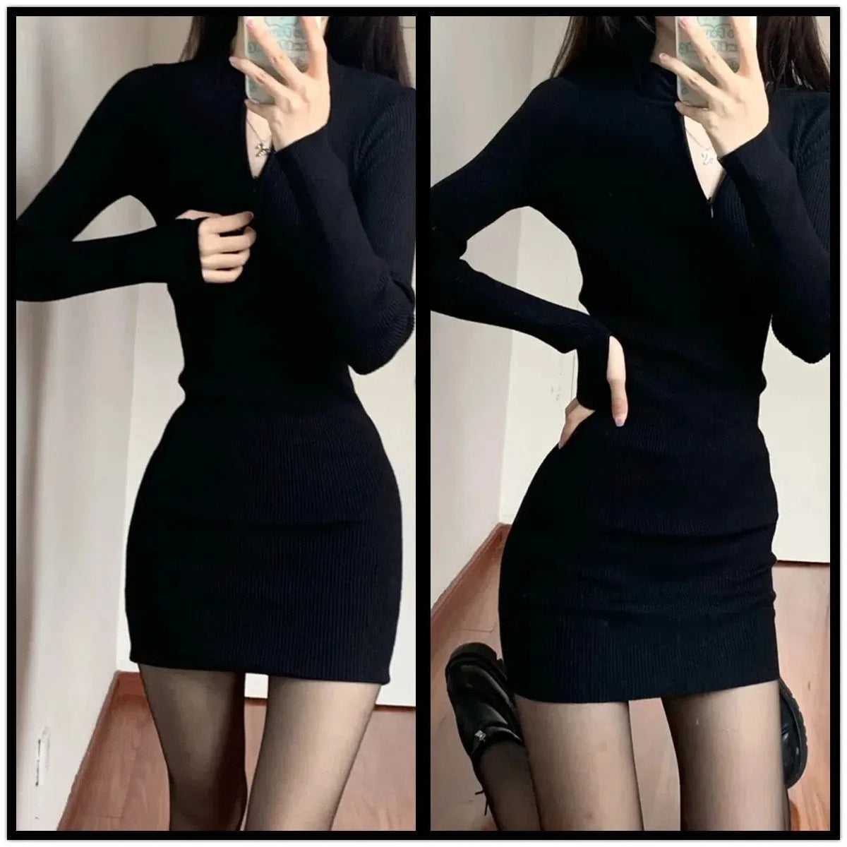 💕簡約百搭春秋翻領緊身包臀裙