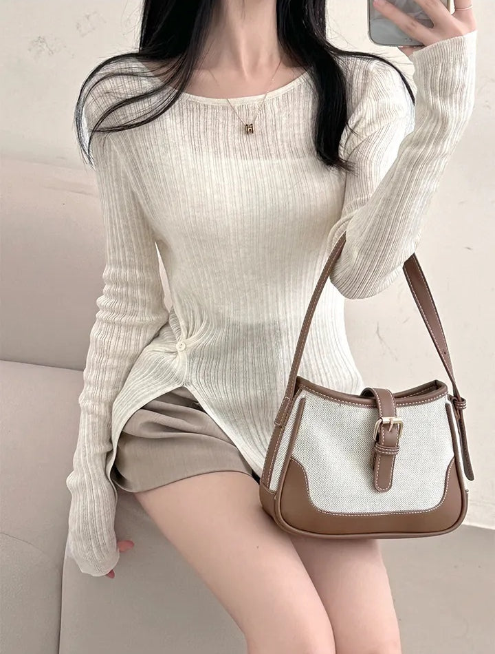 💕韓系春秋顯瘦設計感收腰開衩長袖上衣