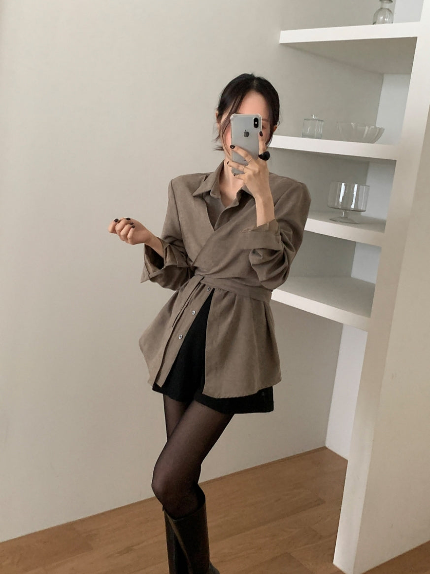 💕韓系秋冬交叉綁帶假兩件百搭襯衫上衣