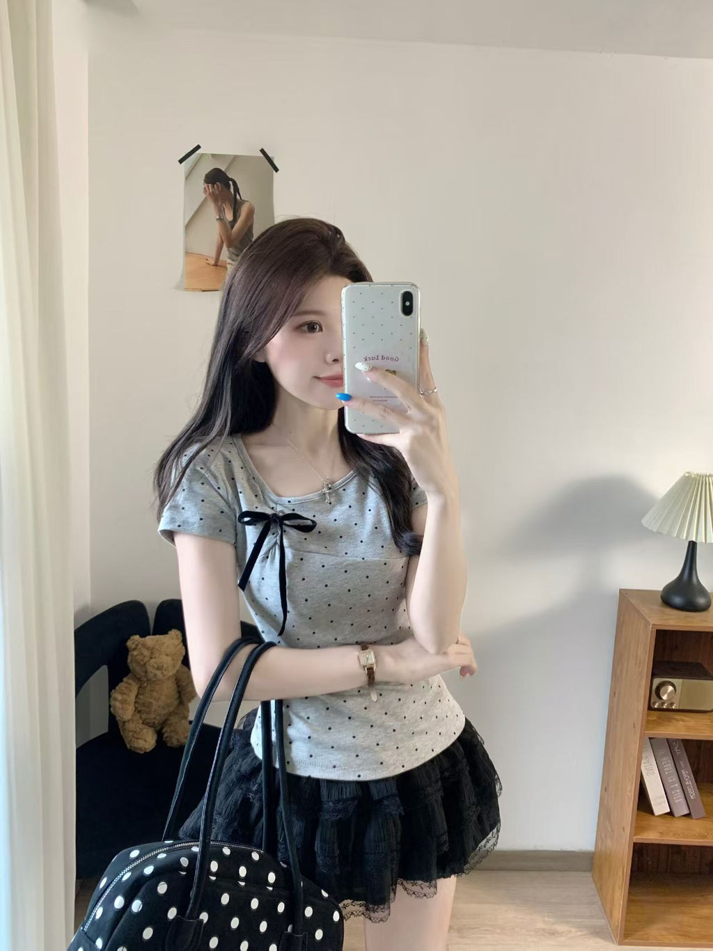 💕簡約百搭休閒帶胸墊蝴蝶結點點正肩上衣
