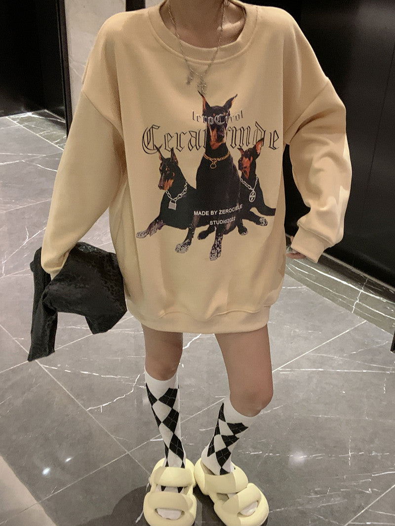 💕美式帥氣杜賓犬印花寬鬆中長衛衣