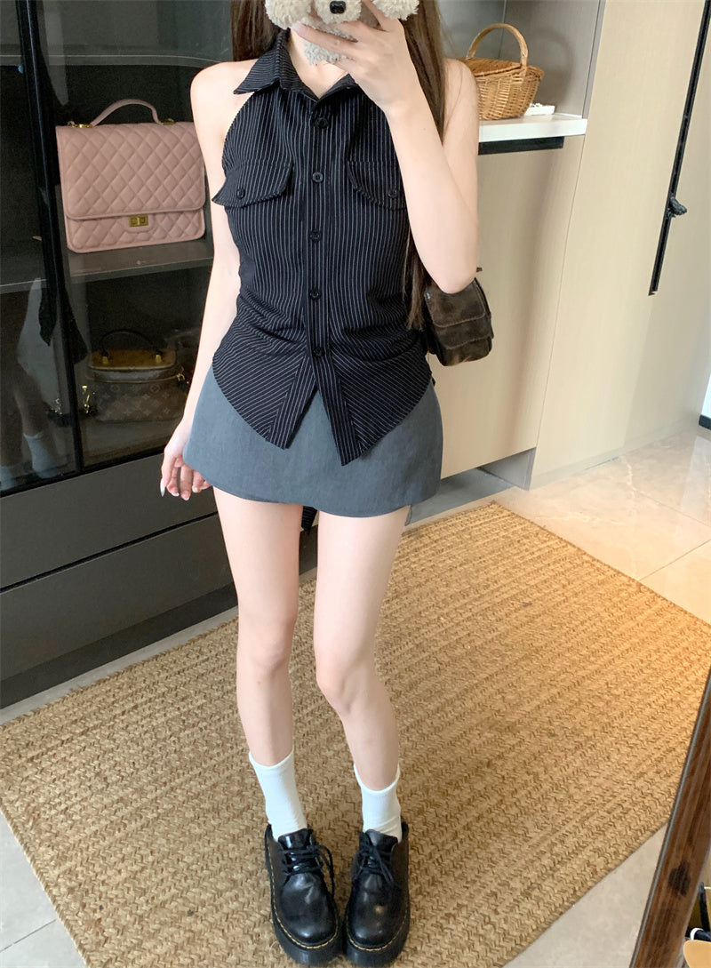 💕法式條紋露背收腰無袖上衣