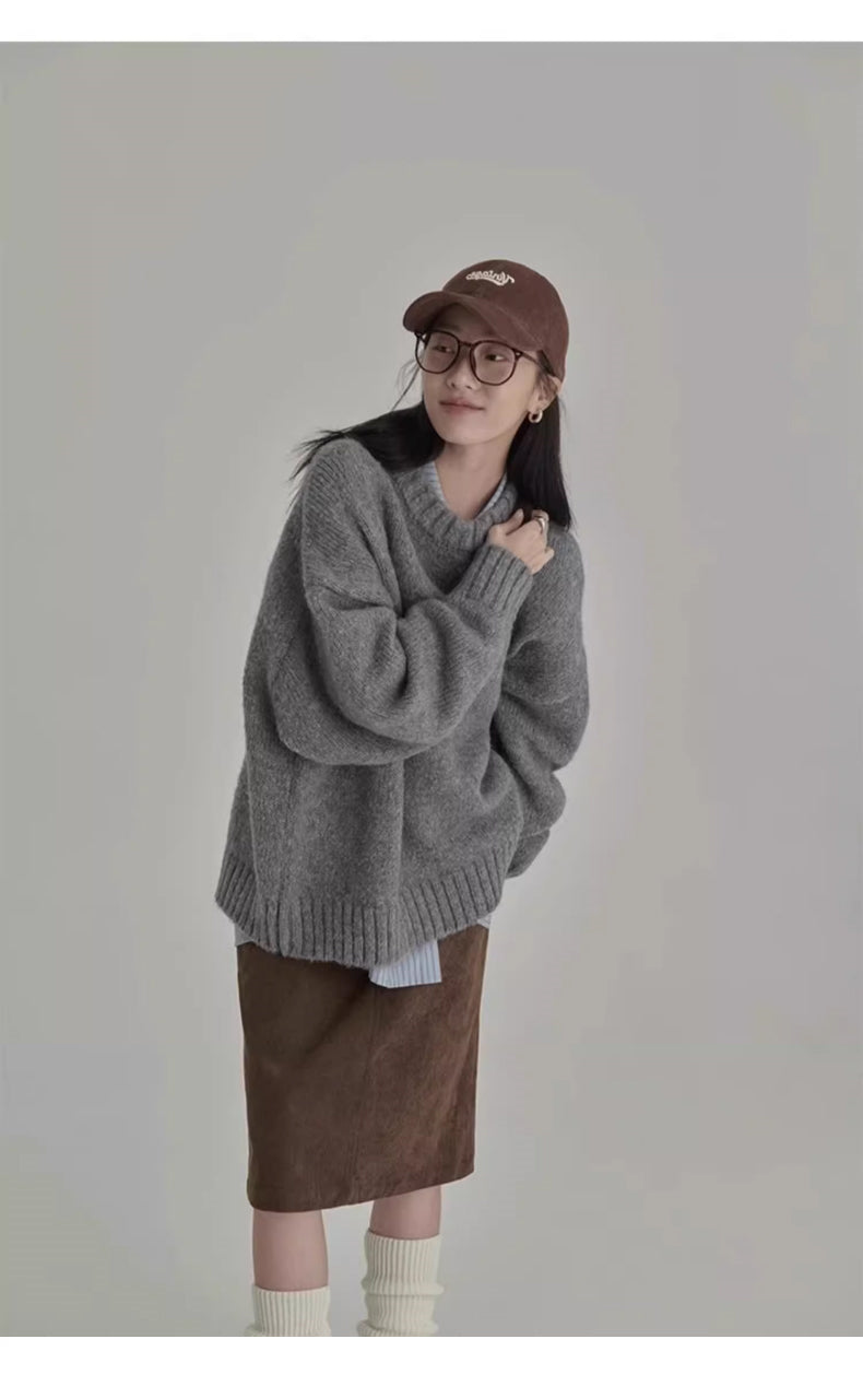 💕日系慵懶休閒復古灰色外穿內搭針織厚上衣
