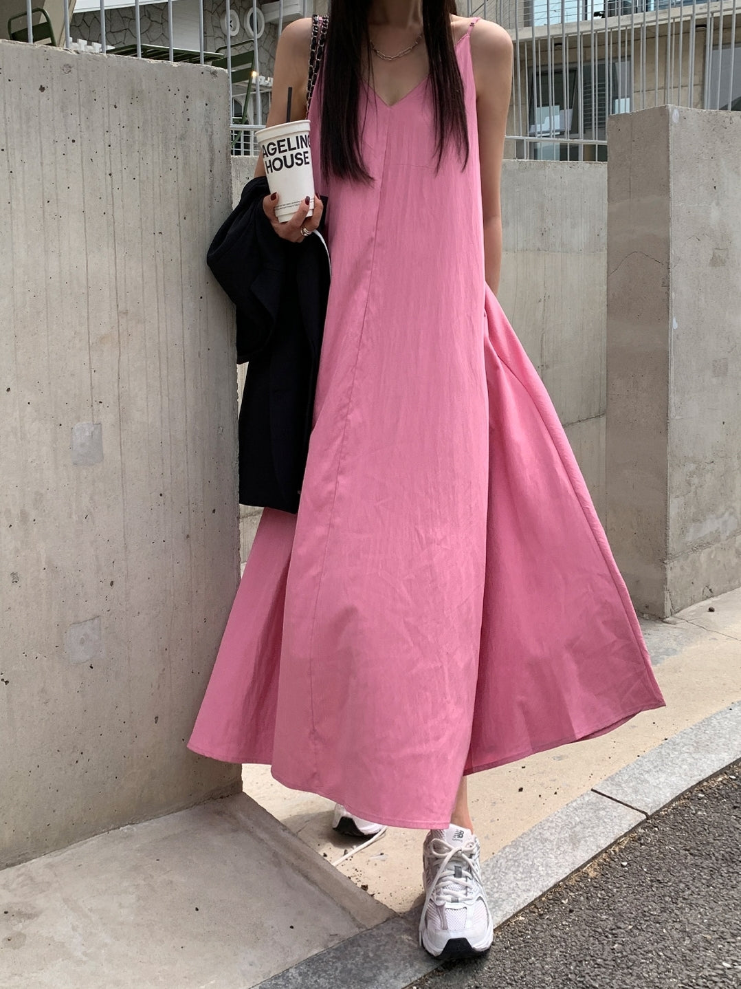 💕韓系氣質V領慵懶露背休閒度假長裙