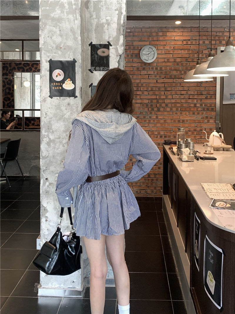 💕韓系格子襯衫連衣裙+連帽披肩配腰帶