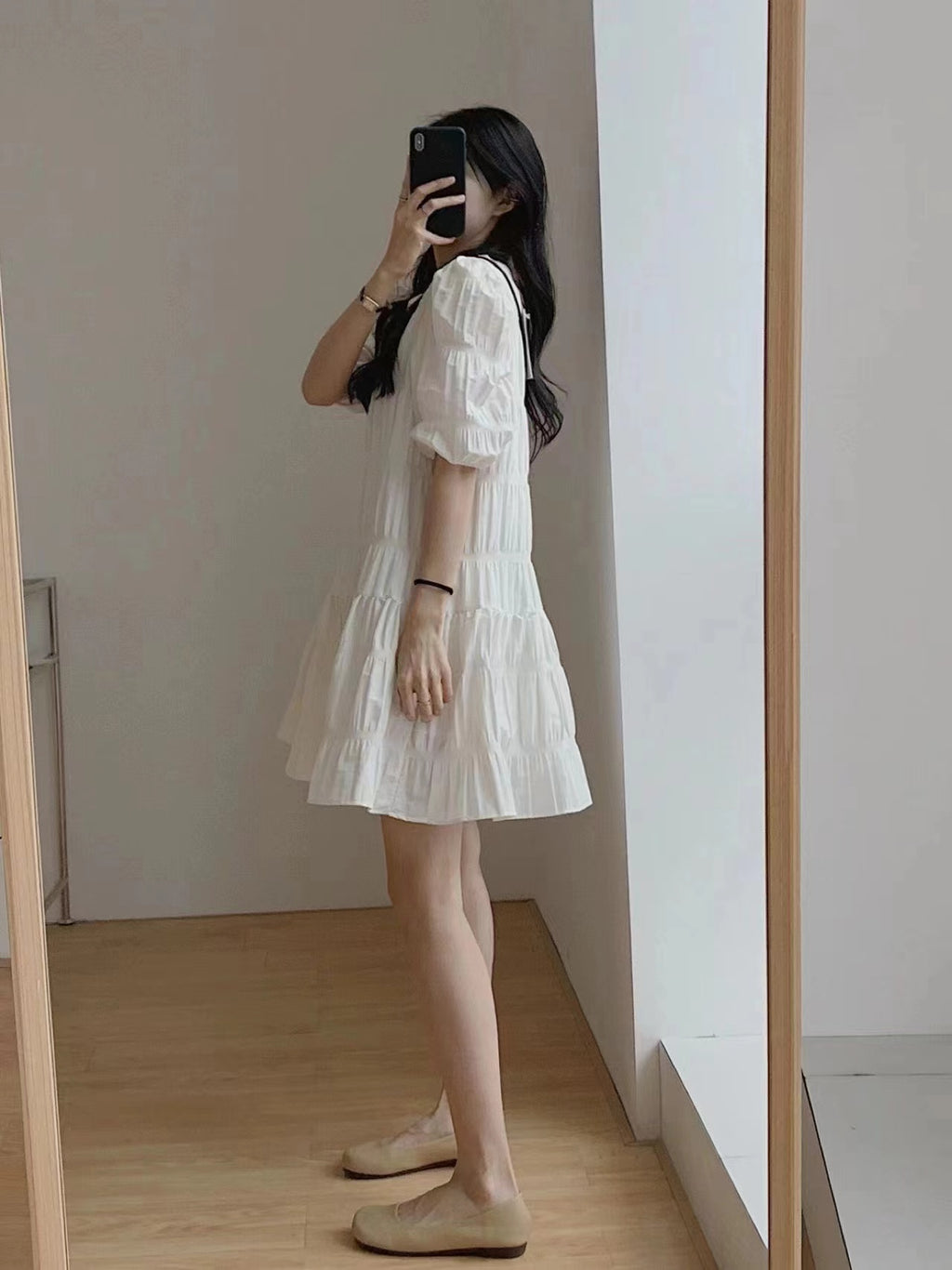 💕慵懶氣質小眾褶皺泡泡袖法式連衣裙